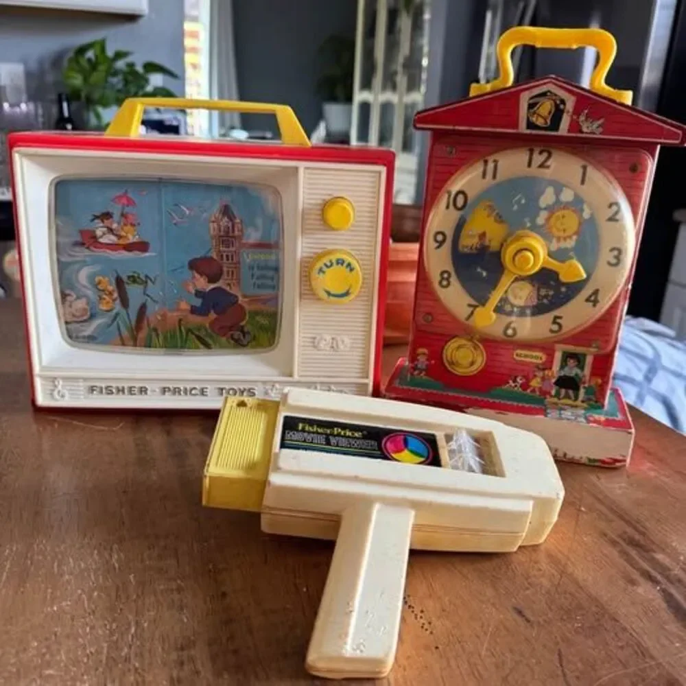 Vintage Fisher-Price Toy Lot Music Box TV Teaching Clock Movie Viewer Goofy